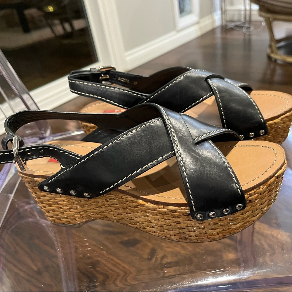 Prada black leather and tan woven platform sandals. Lightly worn good condition.
